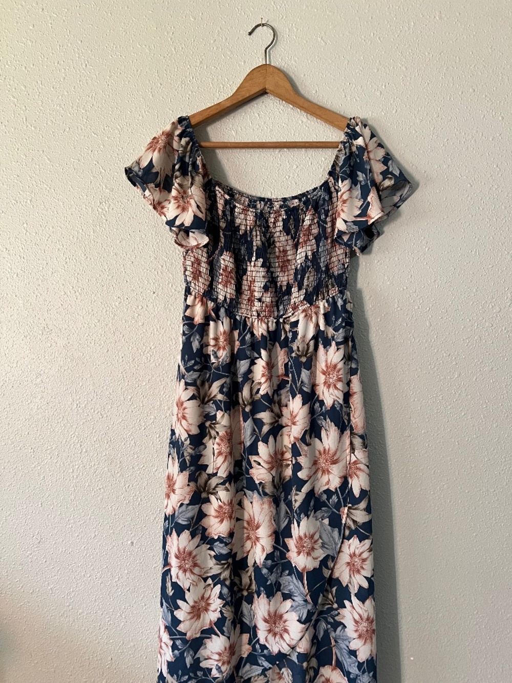 PinkBlush Navy Blue Floral Off-Shoulder Smocked Maternity Dress L